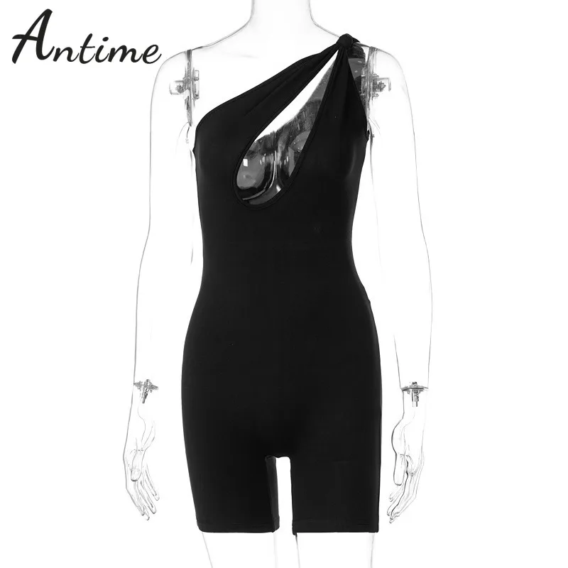 

Antime Cut Out One Shoulder Women Playsuits Party Club 2021 Summer Black White Women Sexy Fashion Backless Sleeveless Rompers