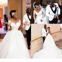 long sleeves african ball gown wedding dresses lace appliqued beaded long bridal gown sheer crew neck vestidos plus size