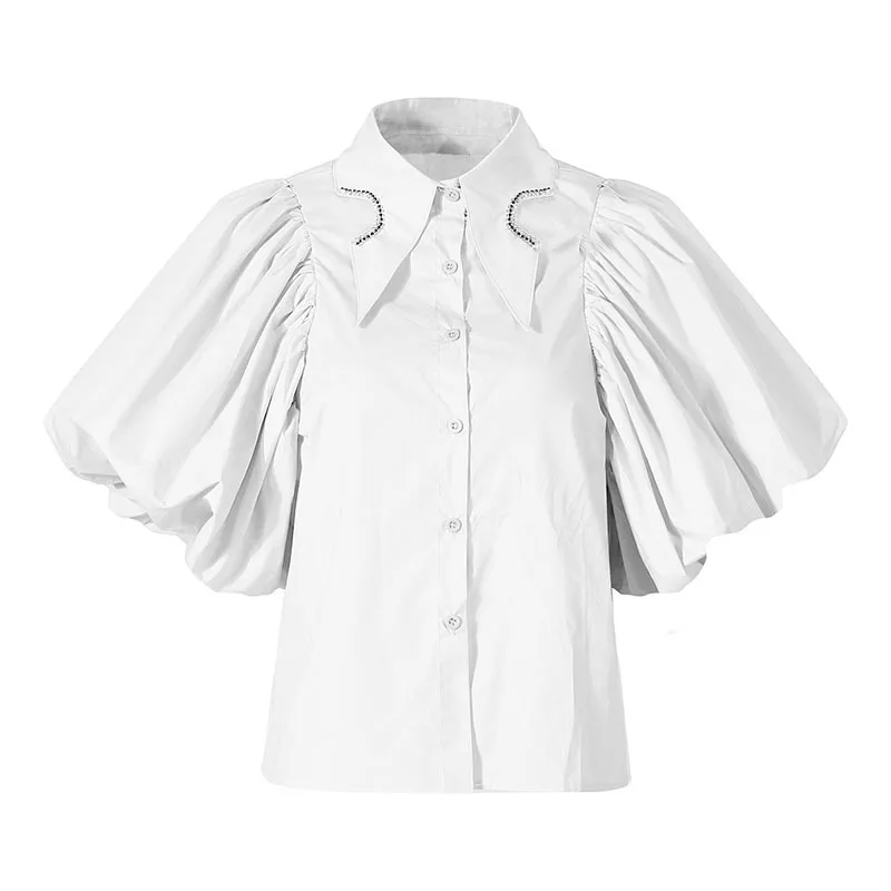 

SeeBeautiful Rhinestone Pleated Lantern Sleeve Side Split Irregular Loose Shirt Lapel Button New Fashion 2021 Summer Women E810