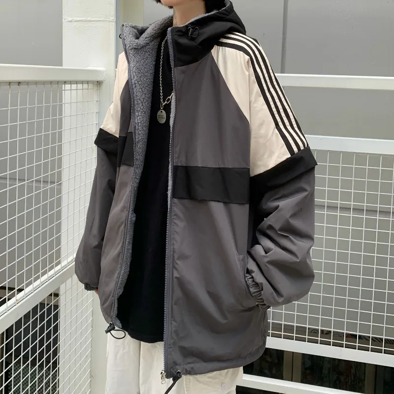 

Harajuku Autumn and Winter Loose Lamb Hair Outwear Both Sides Couple's Jacket Coats Spliced Oversize Hooded Jacket Men and Women