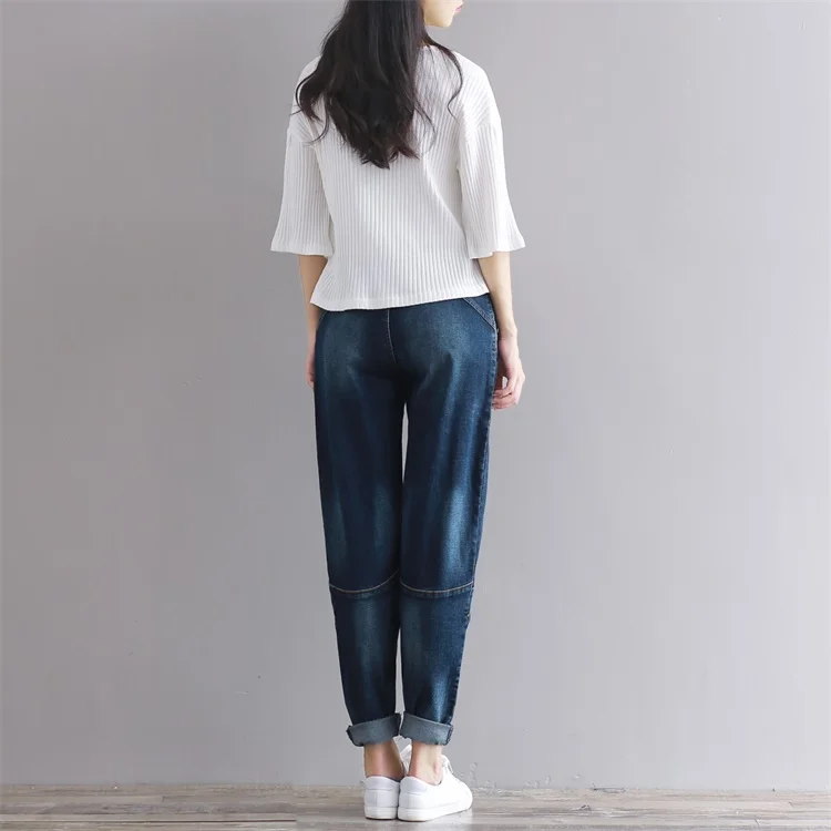 

New Jeans Denim Harem Pants High-Waist Straight Women Spring Bleached Casual for Dark Blue DM001