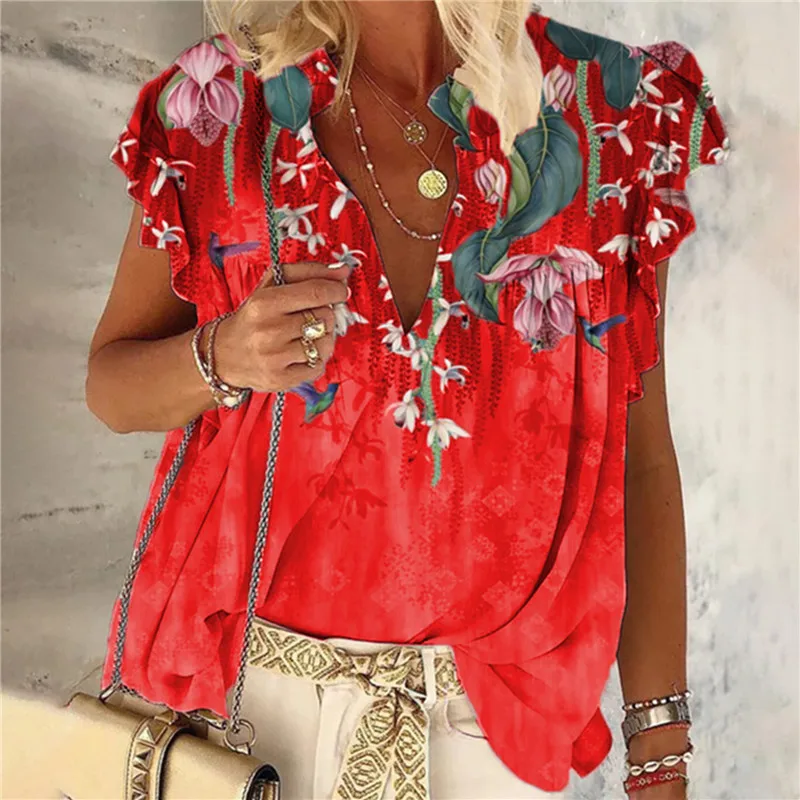 

Ladies Printed T-shirt Ladies Petal Sleeve Casual Loose Clothing Comfortable Large Size Summer Short Sleeve T-shirt