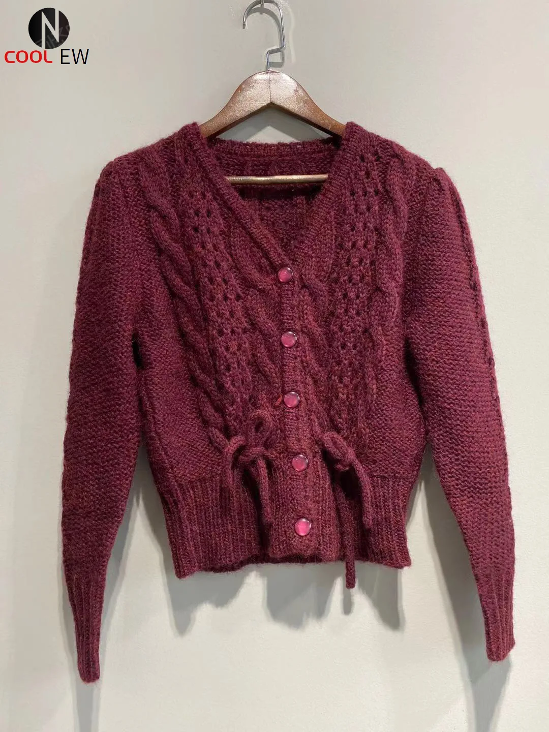 

Lardies Early Spring 2021 Long Sleeve V Neckline Knitted Cardigan Sweater Jumper Top With Cable Crochet