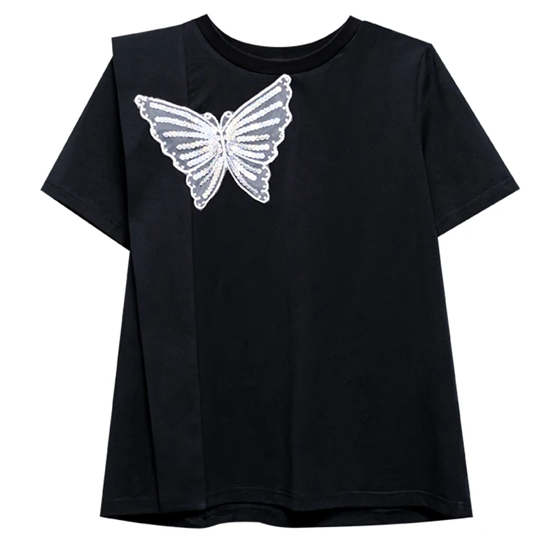 

[EAM] Women White Butterfly Sequins Casual T-shirt New Round Neck Short Sleeve Fashion Tide Spring Summer 2021 1DD9183