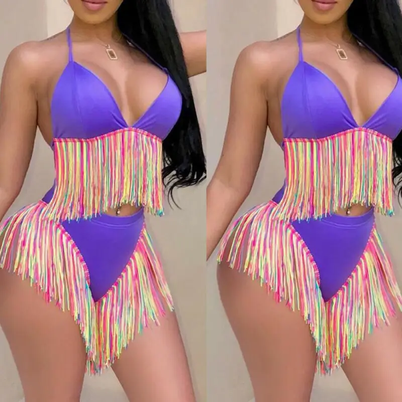 

Tassel Bikini Women High Waist Push-up Padded Bra Bandage Brazilian Summer Bikini Set Swimsuit Swimwear Bathing Female