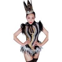 white black feather bodycon women romper sparkly rhinestones mesh see through bodysuits nightclub singer dancer show costumes