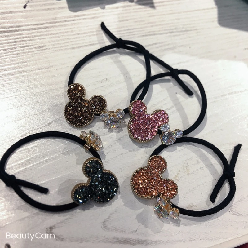 Disney Mickey Head Rope Korean Luxury High Quality Rhinestone Crystal Rubber Band Hair Tie Fairy Ring Doll Accessories Girl |