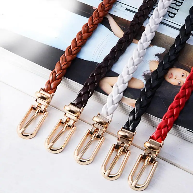 

Women Braided Skinny Waistband Narrow Thin Buckle Strap Woven Slim Waist Belt Golden Metal Buckle Knitted Belt For Dresses