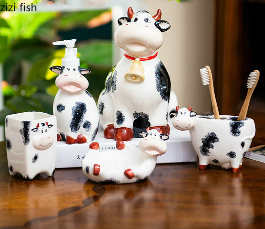 5 шт./компл. милый набор аксессуаров для ванной комнаты из коровьей керамики