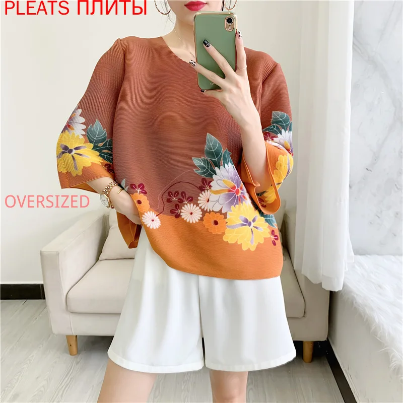 

Summer New Miyake Pleated Print Top Women's Loose Large Size Casual T-shirt PLEATS Crop Top Blusas Tops Ropa Mujer Blusa Feminin