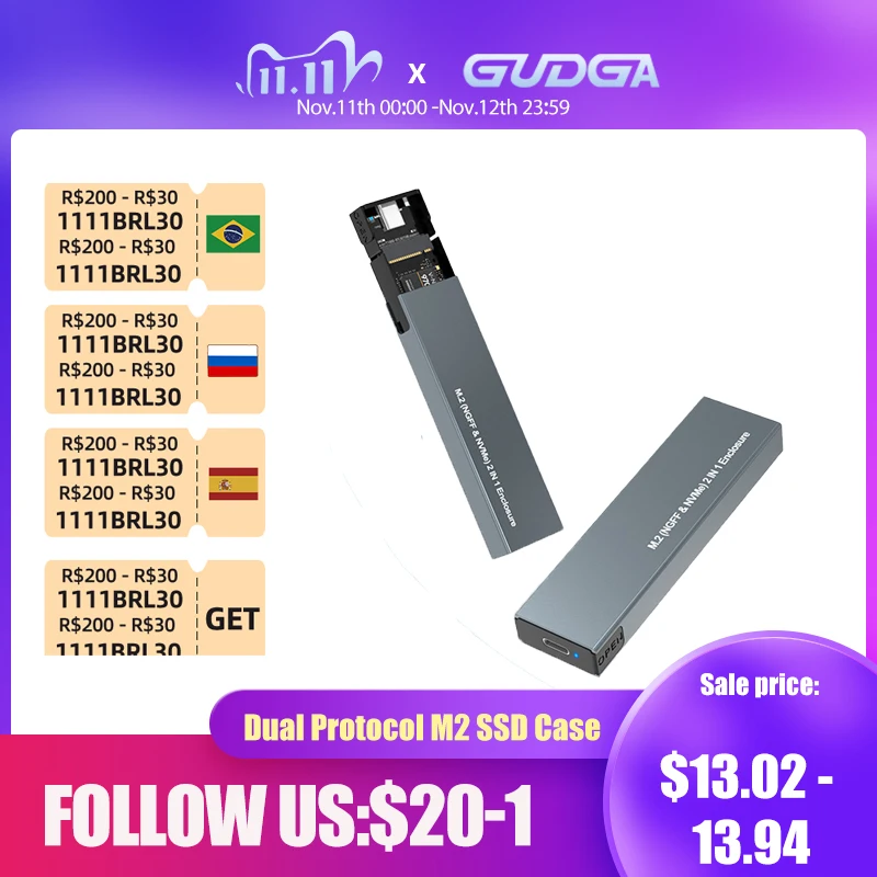 

Dual Protocol M.2 NVMe Case USB C Gen2 10Gbps PCIe SSD Case, M2 SATA NGFF 5Gbps SSD Case Tool Free For 2230/2242/2260/2280 SSD