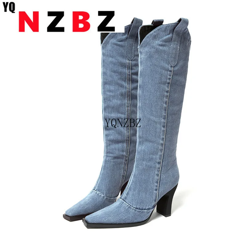

Women's Western Cowboy Boots 9CM High Heels Knee High Boots Square Toe British Style Ladies Boots Modern Boots Botas De Mujer