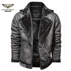 Мужская Утепленная летная куртка из искусственной кожи, коричневая винтажная куртка из искусственной кожи с меховым воротником, теплая куртка-бомбер на зиму