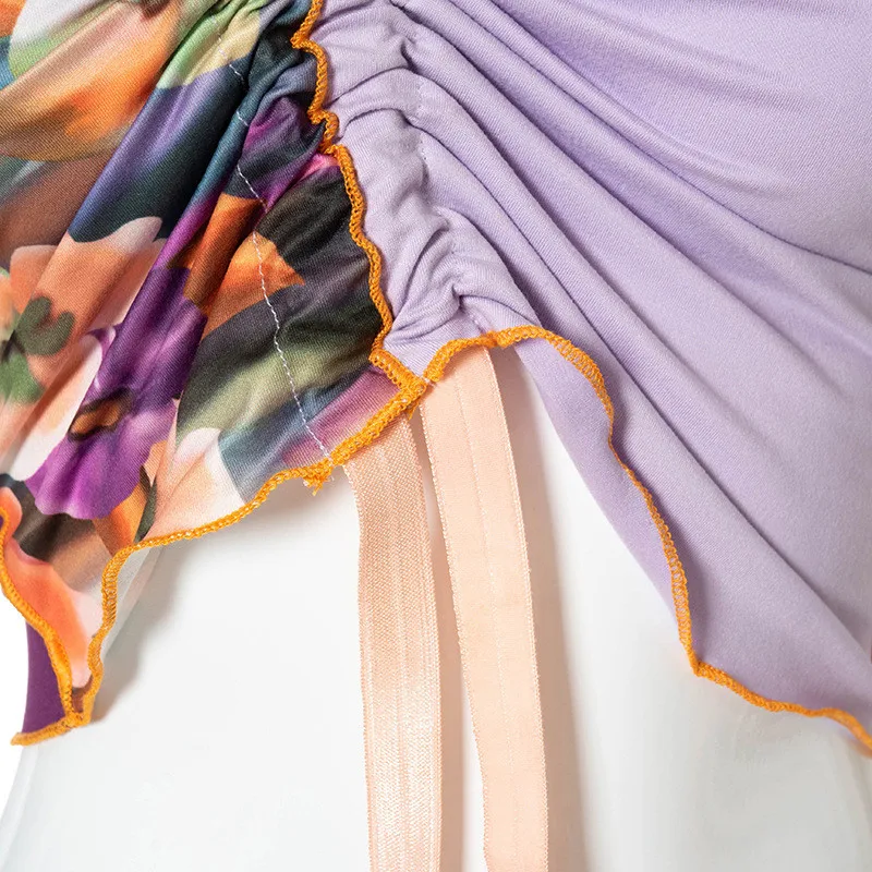 

CNYISHE Drawstring Print Patchwork T-shirt Women O Neck Crop Top Bodycon Sexy Streetwear Party Casual Shirts 2021 Summer Clothes