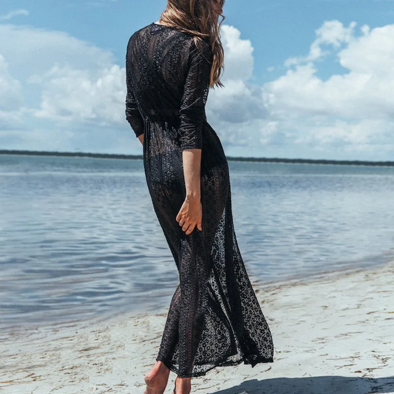 

2021 summer Bohemian sexy lace embroidered cardigan kimono long sleeve beach bikini beach sunscreen blouse