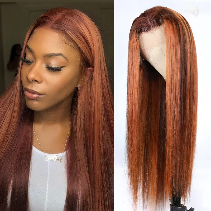 Julia Hair Ginger And Copper Red Highlight Straight Wigs Ombre Brazilian Straight Lace Frontal Wig Human Hair Wig With Baby Hair