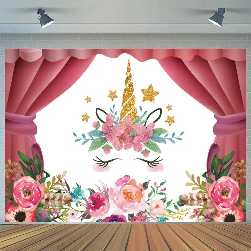 

Весенний цветочный розовый фон для фотосъемки с изображением единорога в виде занавески для дня рождения девочки принцессы фон для фотосъе...