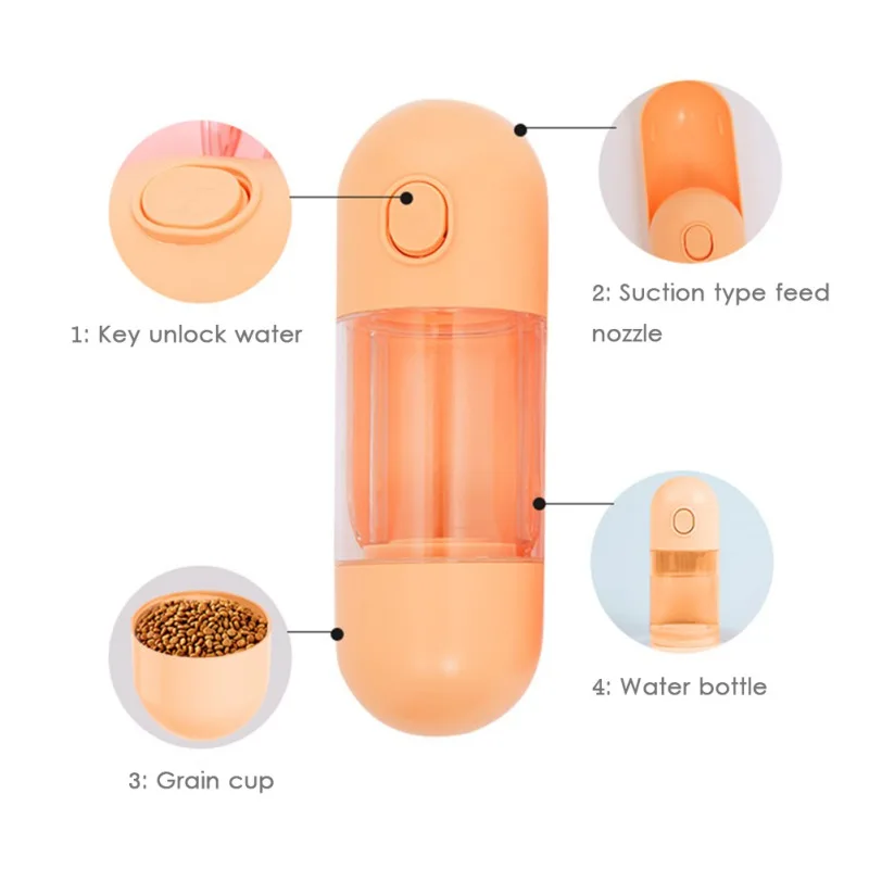 

500ML Portable Pet Dog Drinking Water Bottle Water Storage + Grain Storage U-shaped sink fits pet's oral structure
