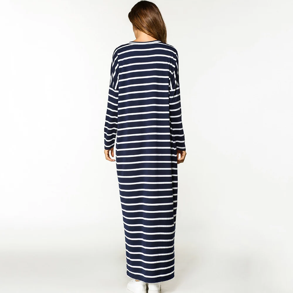 Мусульманское Макси-платье абайя джилбаба синее Полосатое длинное платье-Кафтан