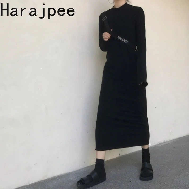 

Harajpee Bottoming Dress All-match Half High Collar Solid Straight Korean Long Sleeve Spring Autumn New Dress Chic Commute Ins