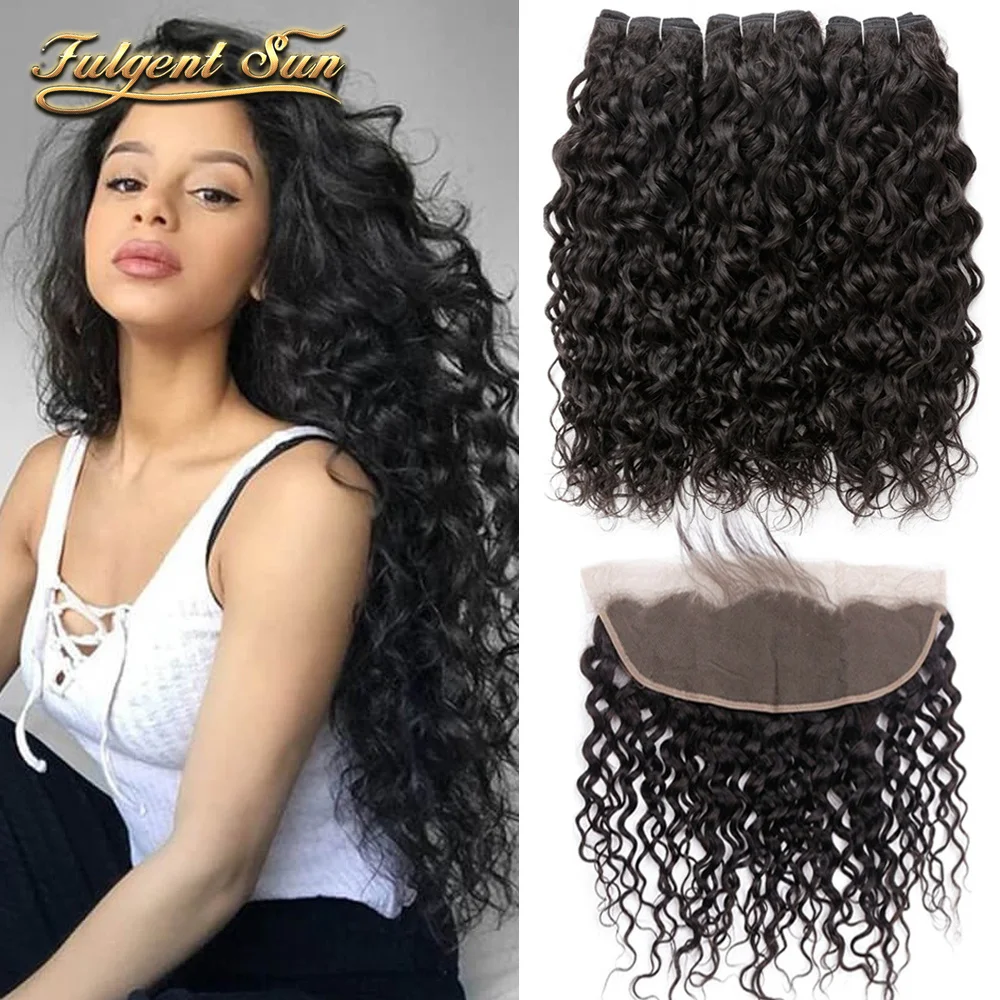 

13x4 Lace Frontal And 3 Bundles Water Wave Hair Peruvian Human Hair Bundles With Frontal Pre-Plucked Hairline With Baby Hair