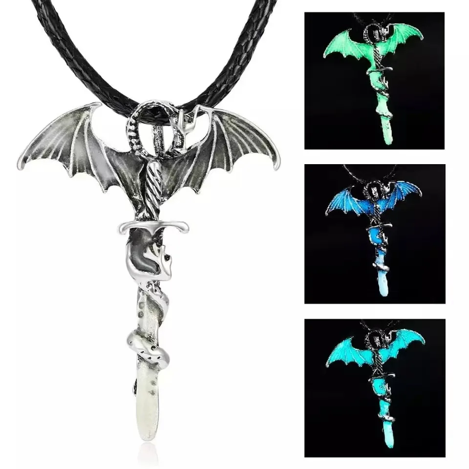 

Luminous Necklace Glowing Night Fluorescence Glow In The Dark Sword Vintage Dragon Pendant Necklace for Men Women Party Hallowen