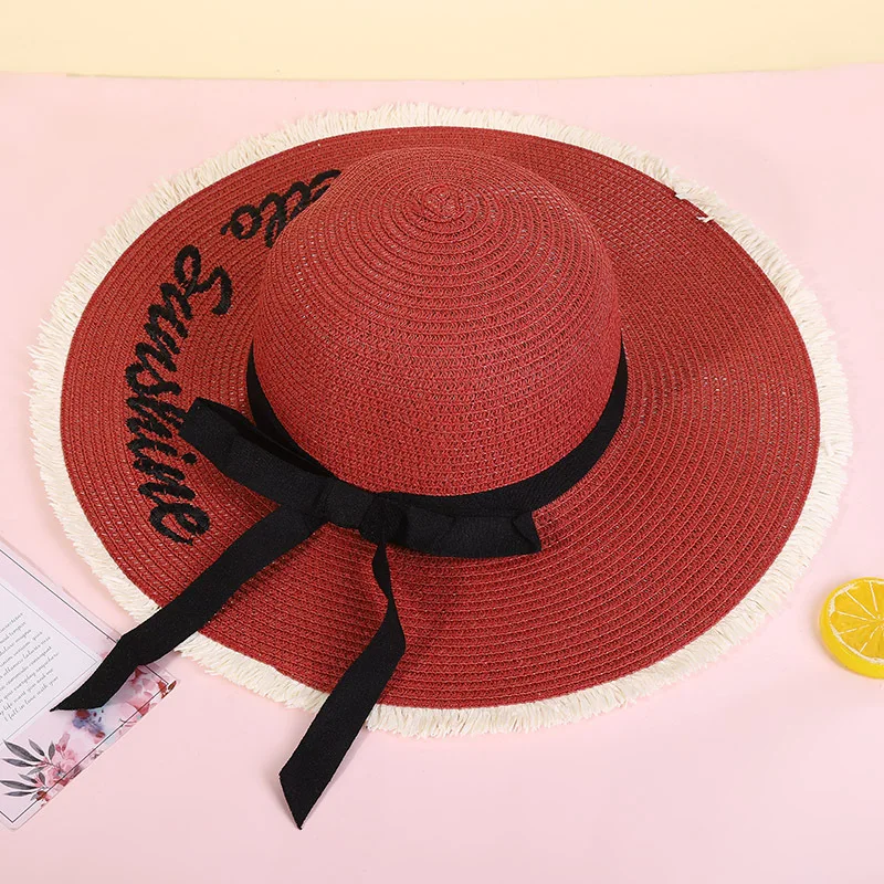 

Летняя женская плетеная Солнцезащитная шляпа ручной работы с вышивкой и надписью, большая соломенная шляпа с черной лентой, Наружная Женск...