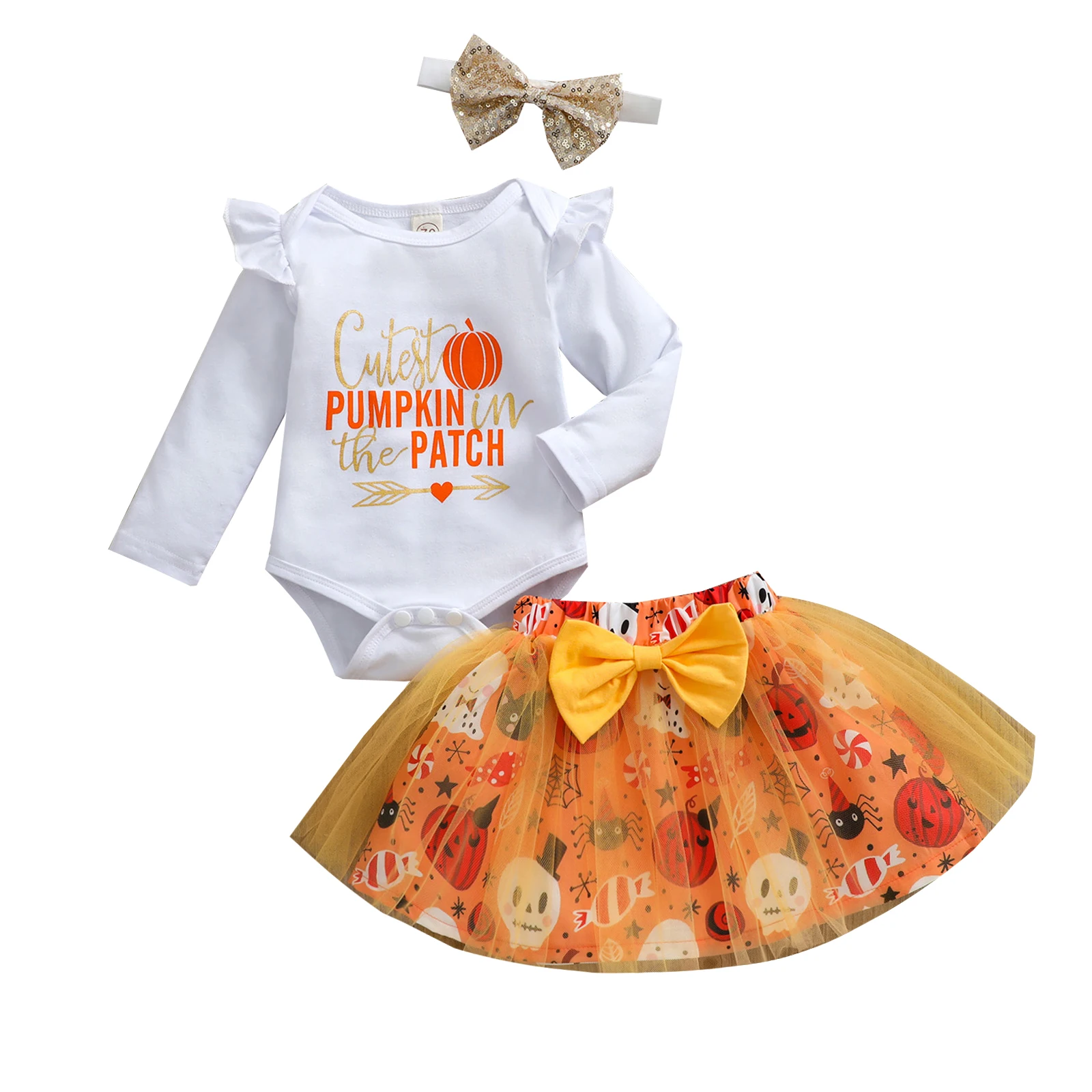 

3Pcs Toddler Halloween Outfits, Letters O-Neck Long Sleeves Romper + Tutu Skirt + Headband For Baby 0-12 Months Girls