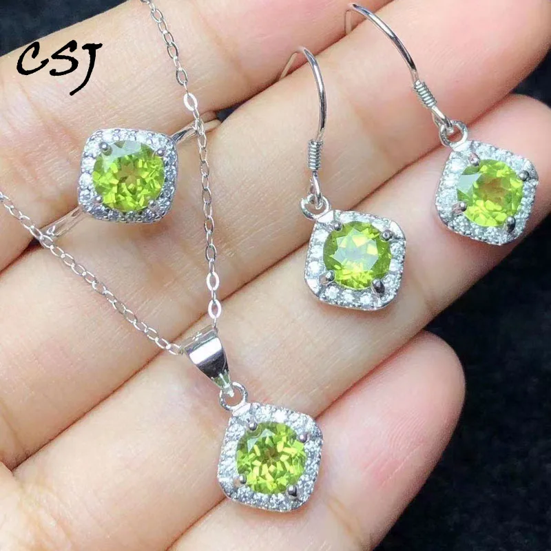 CSJ Natural Peridot Jewelry Sets Sterling 925 Silver Gemstone 6mm Fine Jewelry for Women Lady Party Birthday Gift