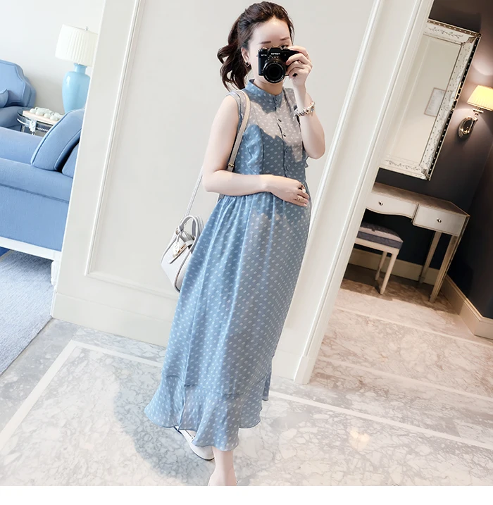 Новое платье без рукавов в горошек длинное летнее Одежда для беременных Платья