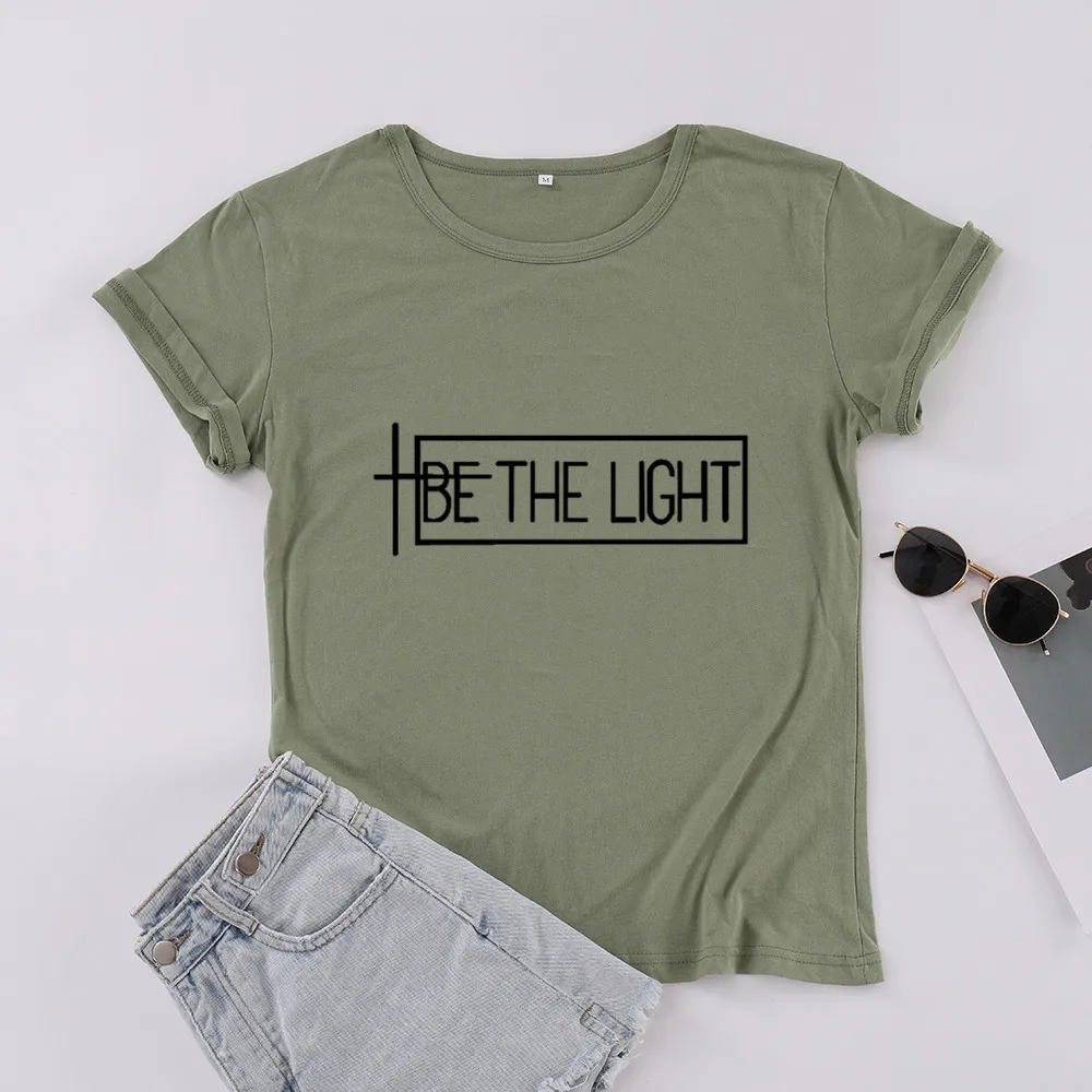 Футболка хлопковая черная с надписью Be The Light и круглым вырезом | Женская одежда