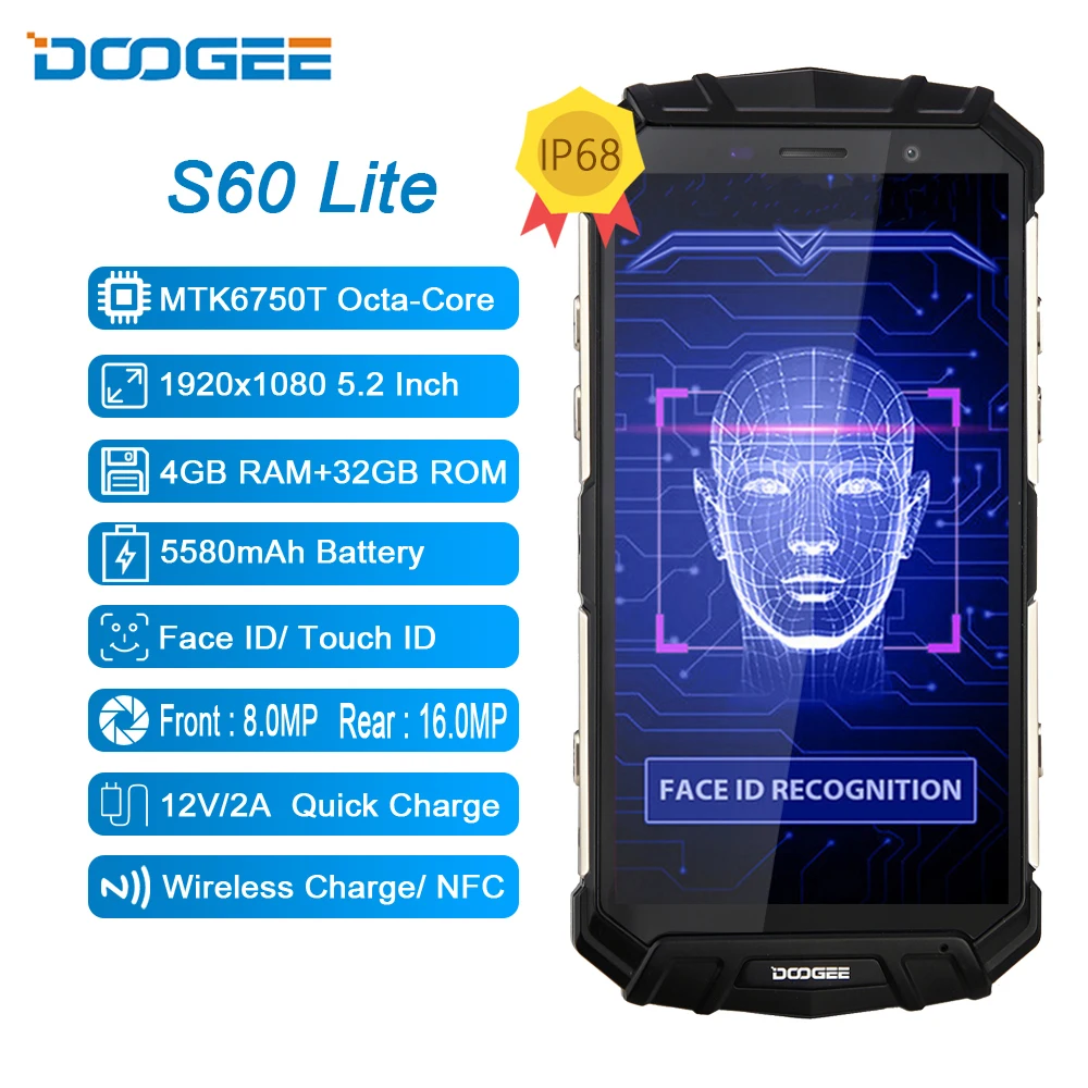 Смартфон DOOGEE S60 Lite защищенный IP68 4 + 32 ГБ 5580 мАч 12 В 2 А 8 ядер 5 дюйма FHD 16 МП|Смартфоны|