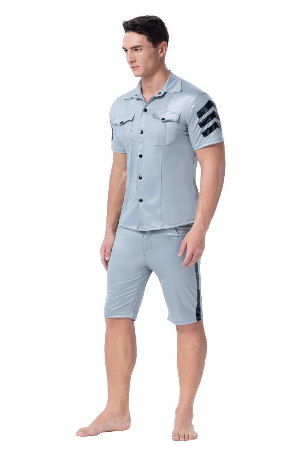 XX149 S-2XL мужские искусственная кожа застежка Брюки с карманами ночной клуб черный ПВХ бондаж шорты Готический полосатый рядом фетиш