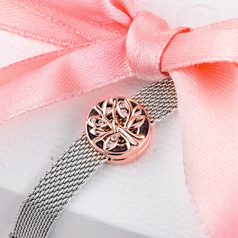 

925 Sterling Silver & Rose Gold Color Sparkling Family Tree Clip Charm Beads Fit Original Pamura Reflexion Bracelet Jewelry