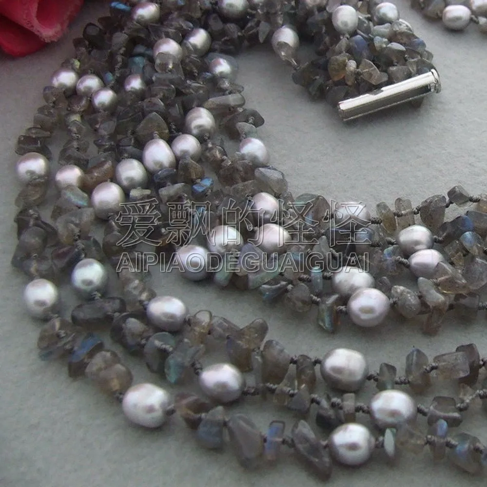 N042002 19 &quot8 нитей жемчуга и Природный лабрадорит ожерелье|natural labradorite|necklace