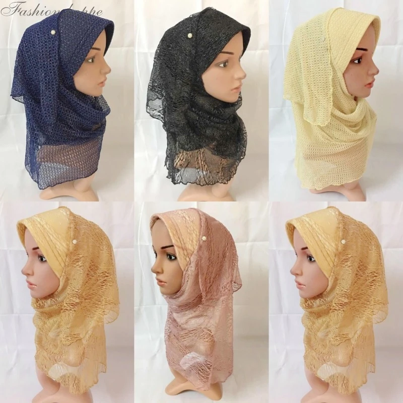 Малазийский мусульманский хиджаб шарф однотонная Цветочная кружевная шаль