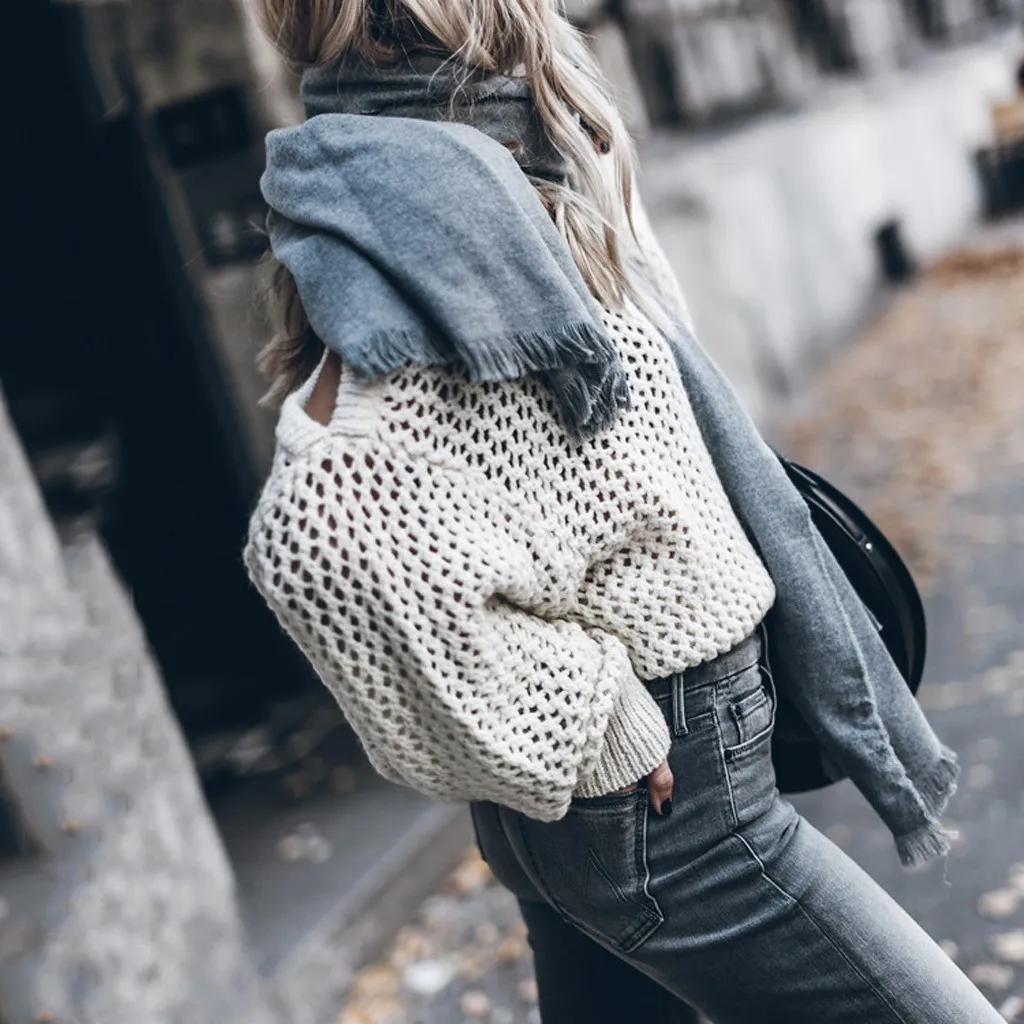 Женский пуловер с длинным рукавом однотонный трикотажный свитер круглым вырезом