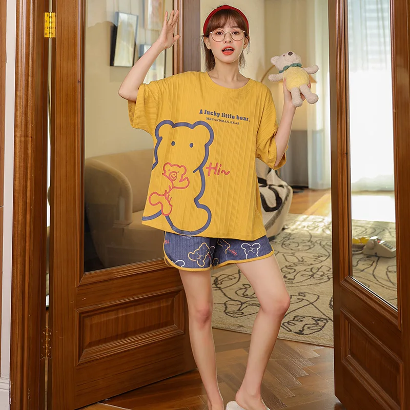 

ATUENDO Summer Korean Yellow Pajama Sets for Women 100% Cotton PJS Satin Soft Sleepwear Fashion Atoff Home Kawaii Silk Nightwear