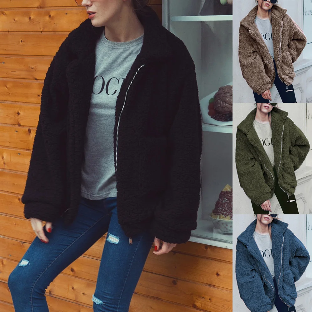 

Faux Fur Coat Women Faux Fur Coat Warm Soft Zipper Jacket Female Plush Overcoat Pocket Casual Outwear Casual Outerwear