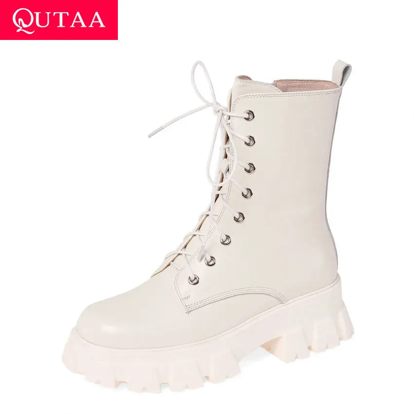 QUTAA/Коллекция 2021 года Сезон осень зима Ботильоны из коровьей кожи Женские ботинки на молнии со шнуровкой