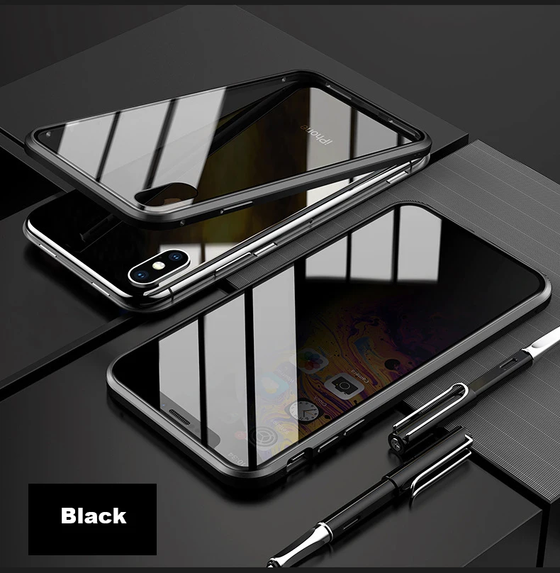 Черный Двойное магнитное закаленное стекло чехол для телефона для iPhone 6S 7 8 Plus XR XS 11 Pro MAX Магнитный антишпионский защитный чехол для телефона - Цвет: Черный