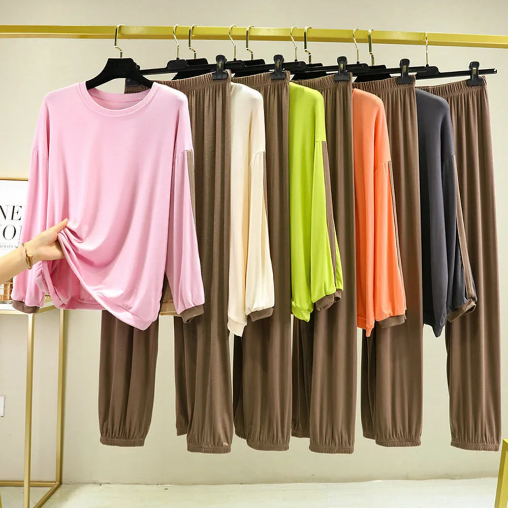 

Fdfklak Women's Pajamas Set Spring Autumn New Sleepwear Long-Sleeved Trousers Modal Nightie Home Clothes Nightwear Set