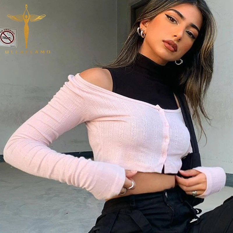 

Футболка женская с высоким воротником, пикантный облегающий Топ без бретелек, с контрастным принтом, милая офисная рубашка с длинным рукаво...