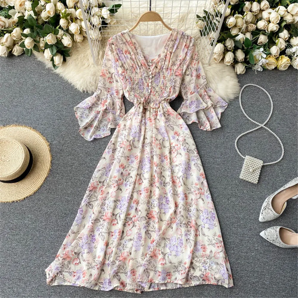 

Women Floral Chiffon Beach Dress Summer V Neck Sweet Slim Trumpet Sleeves Holiday Midi Dresses Casual Gown Female Clothing 2021