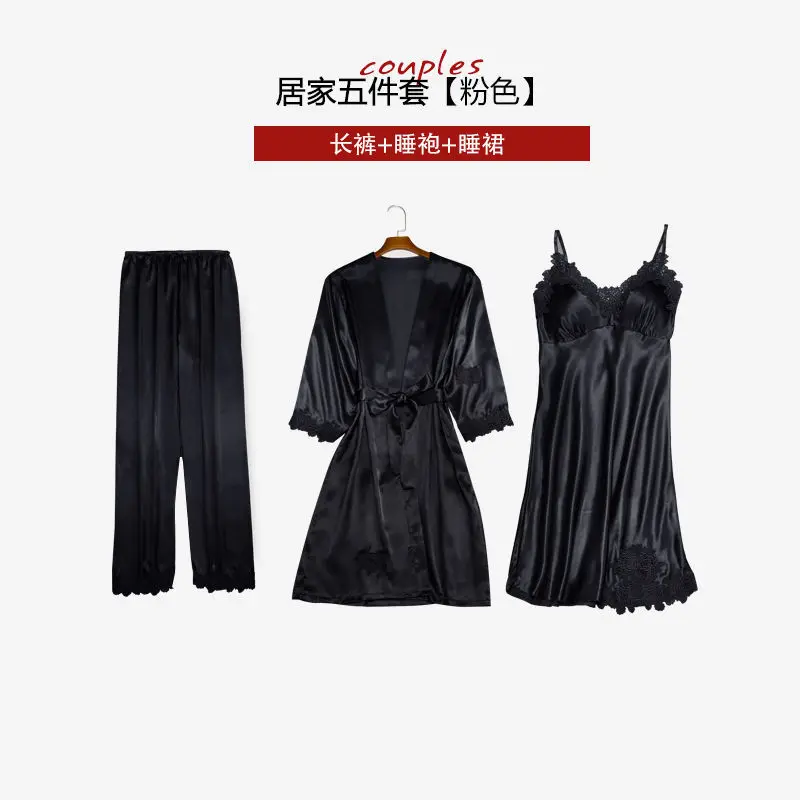 black C Женские пижамы, 5 шт., атласные пижамные комплекты одежда для сна, шелковая Домашняя одежда с вышивкой, пижама с кружевами и нагрудники - Цвет: black C