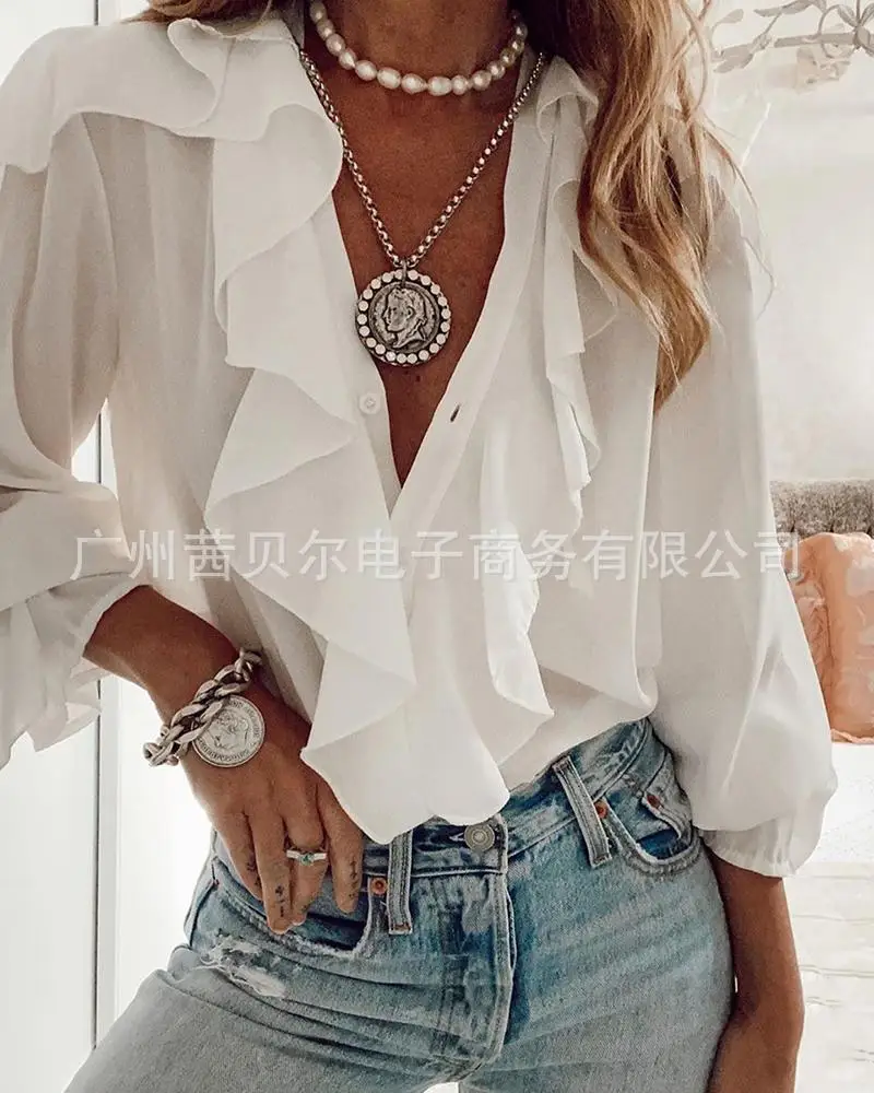 

2021 new white long-sleeved ruffled top
