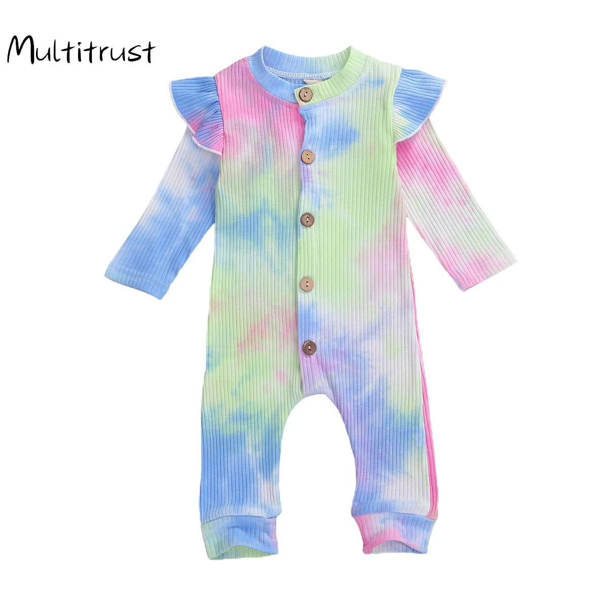 

Baby Autumn Romper Newborn Baby Boys Girls Ribbed Knitted Ruffles Long Sleeve Button Romper Toddler Girls Tie Dyeing Jumpsuits