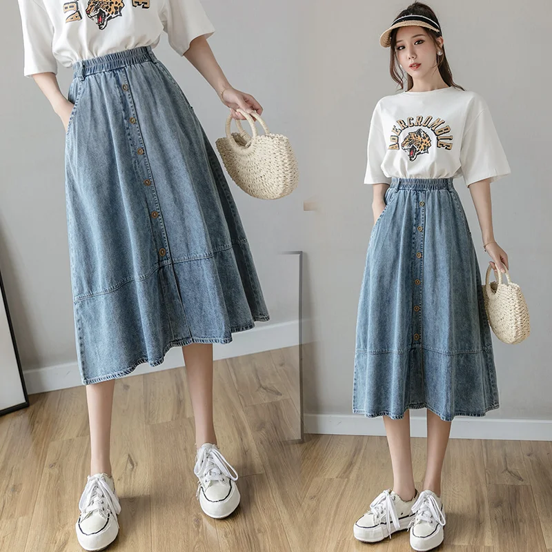 

Denim Jeans Fashion New Elastic High Waist Jeans Skirts Long Skirt Woman A Words in Loose Posed Bull-Puncher Skirt Show Thin