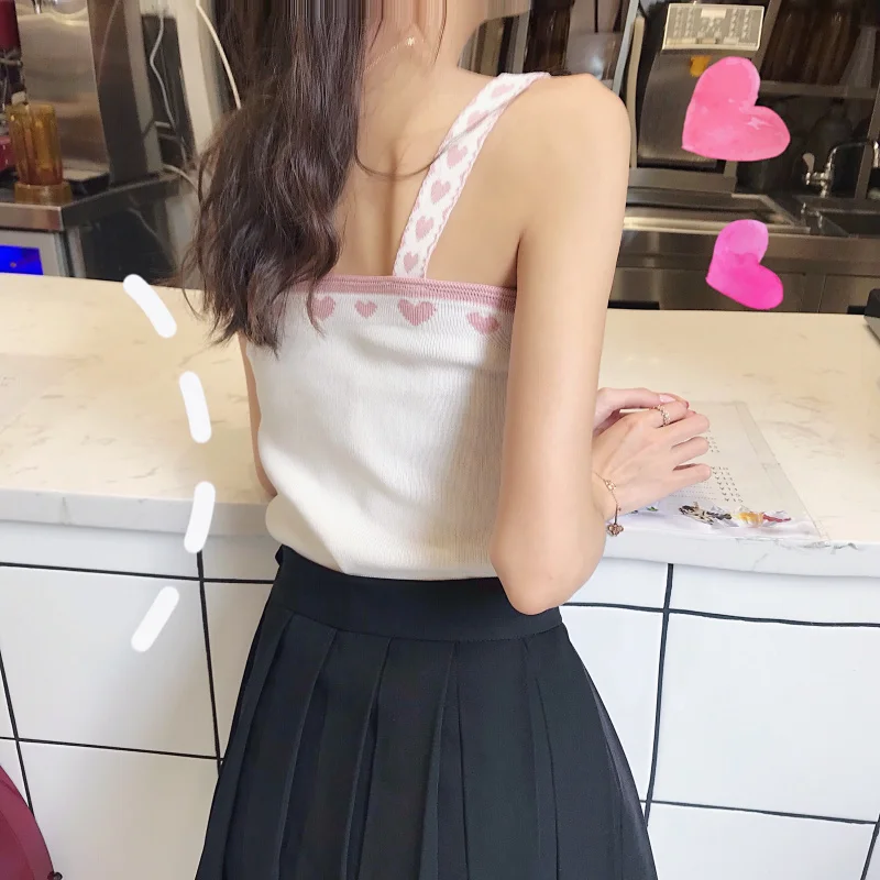 

2020 Summer New Harajuku kawaii lolita heart knit sling women camis tanks female slim female crop tops