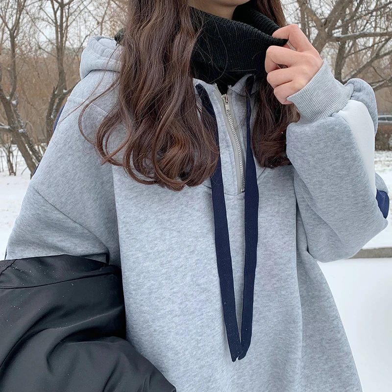 

2021 Autumn Winter Women Sweatshirt Fashion Loose Fake Two Turtleneck Hoodie Casual Patchwork Long Sleeve Sweatshirt Women